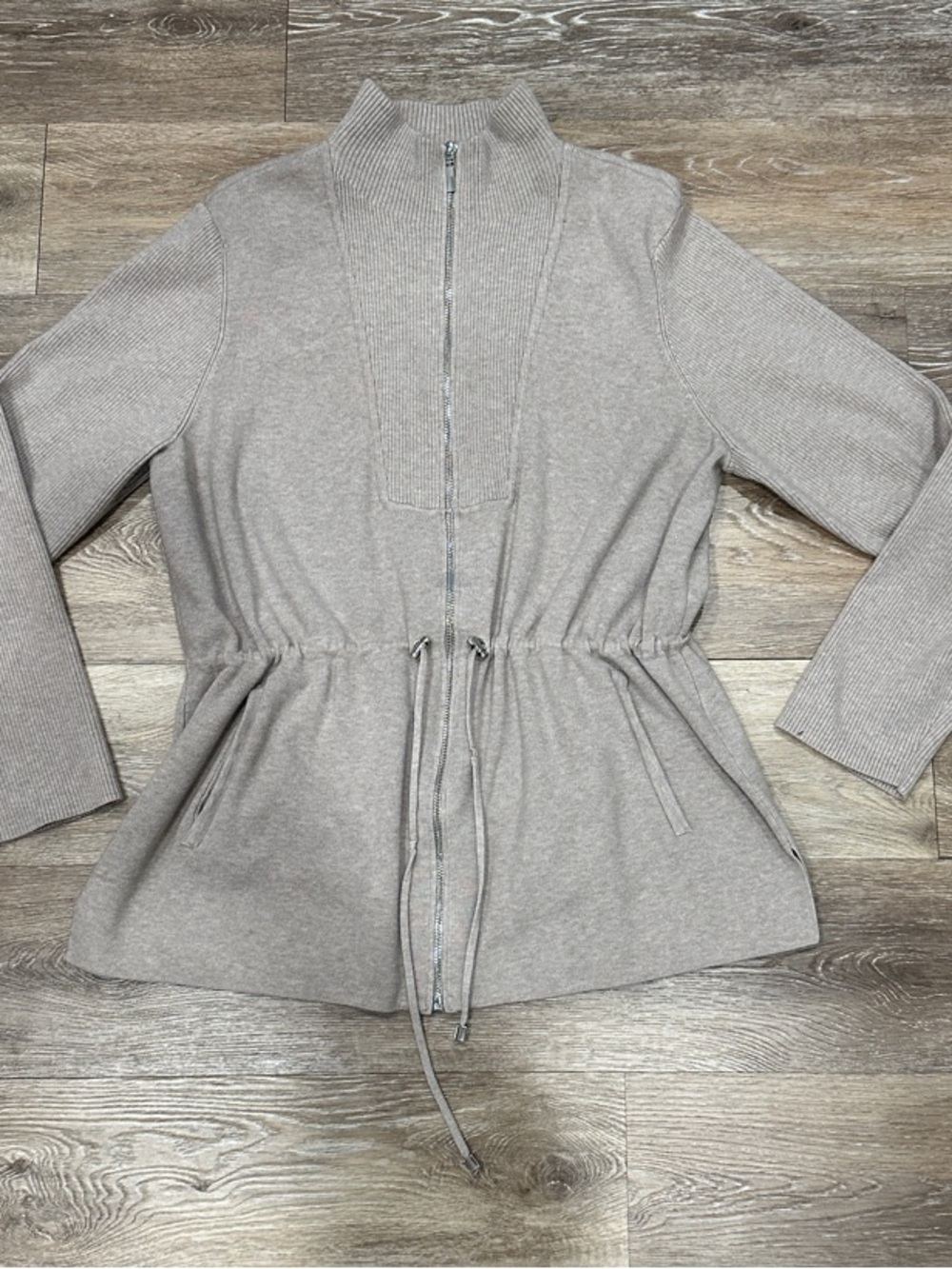 Chico's Taupe Drawstring Zip-Front Sweater